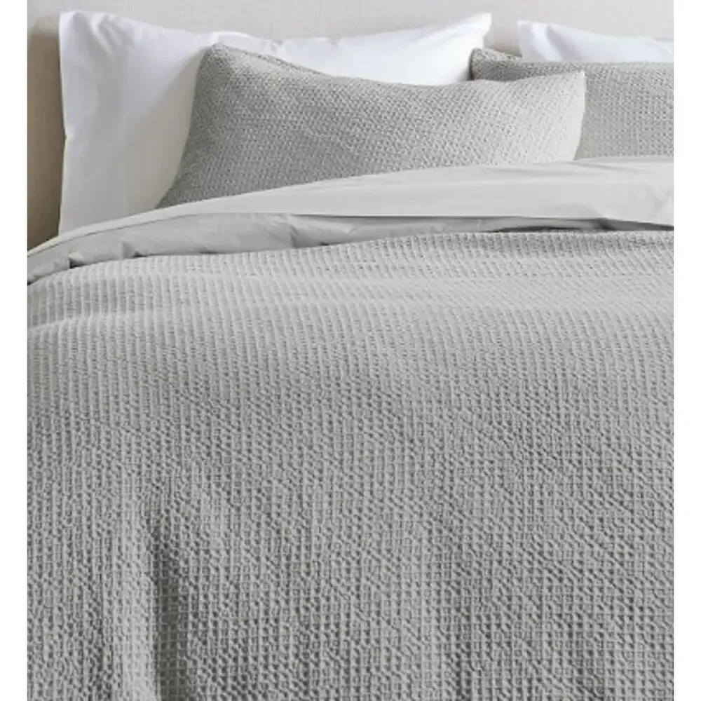 NEW Quince Organic Luxe Honeycomb FULL QUEEN Duvet Cover Set + Shams Light Gray